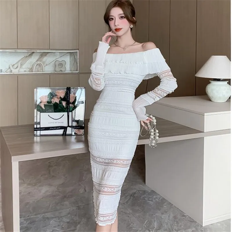 

Summer Holiday Strapless Fairy White Dress Off Shoulder Lace Fashion Long Sleeve Party Dress Ruffles Straight Beach Photo Skirt