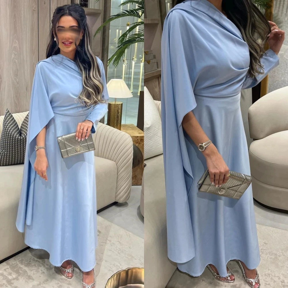 

Blue Party Dress Prom Dresses Exquisite Asymmetrical One Shoulder Draped Satin Long Sleeves Evening Dresses Formal Occasion Gown