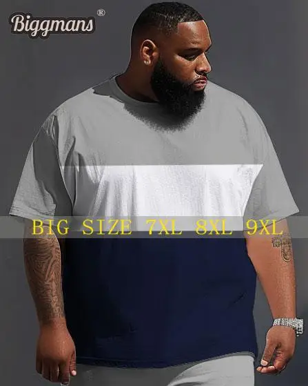 Biggmans L-9Xl For Men's T-shirt Street Simple Short sleeved Round neck Color Block Printing Large Men's Top