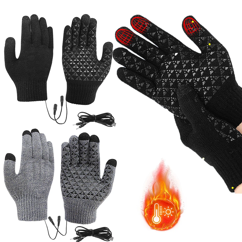 Electric Heated Gloves Touch Screen Knitting Mitts Winter Cycling Gloves USB Heated Gloves for Mountaineering Riding Camping