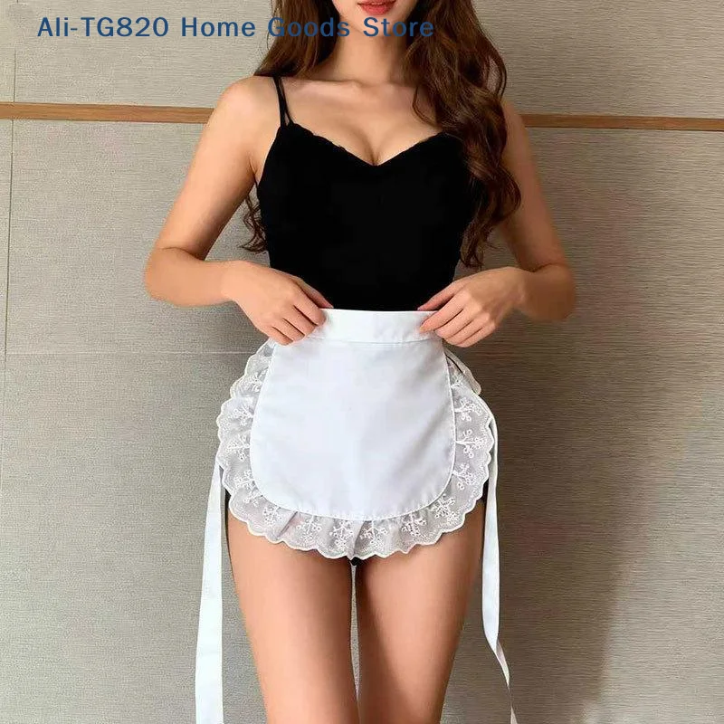 Woman Half Waist Cooking Kitchen Apron Short Lolita Maid Sexy Lace Black White Bib Beauty Flower Coffee Shop Pinafore Home Work