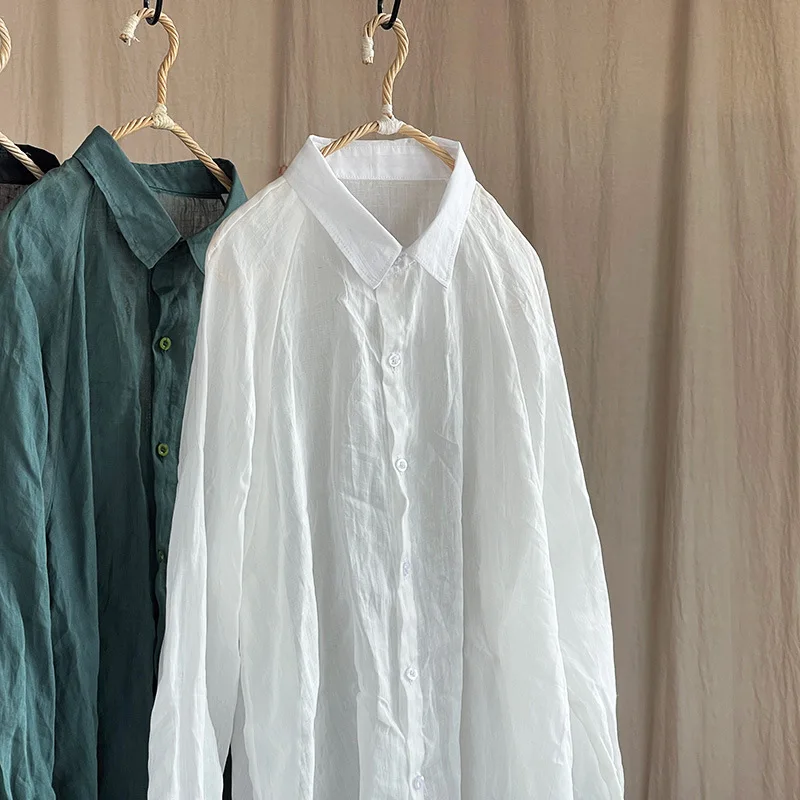 ผู้หญิง Causal Breathable Ramie เสื้อและเสื้อ Turn-Down COLLAR แฟชั่นสีแขนยาวฤดูใบไม้ผลิเสื้อใหม่ปุ่มเสื้อหลวม