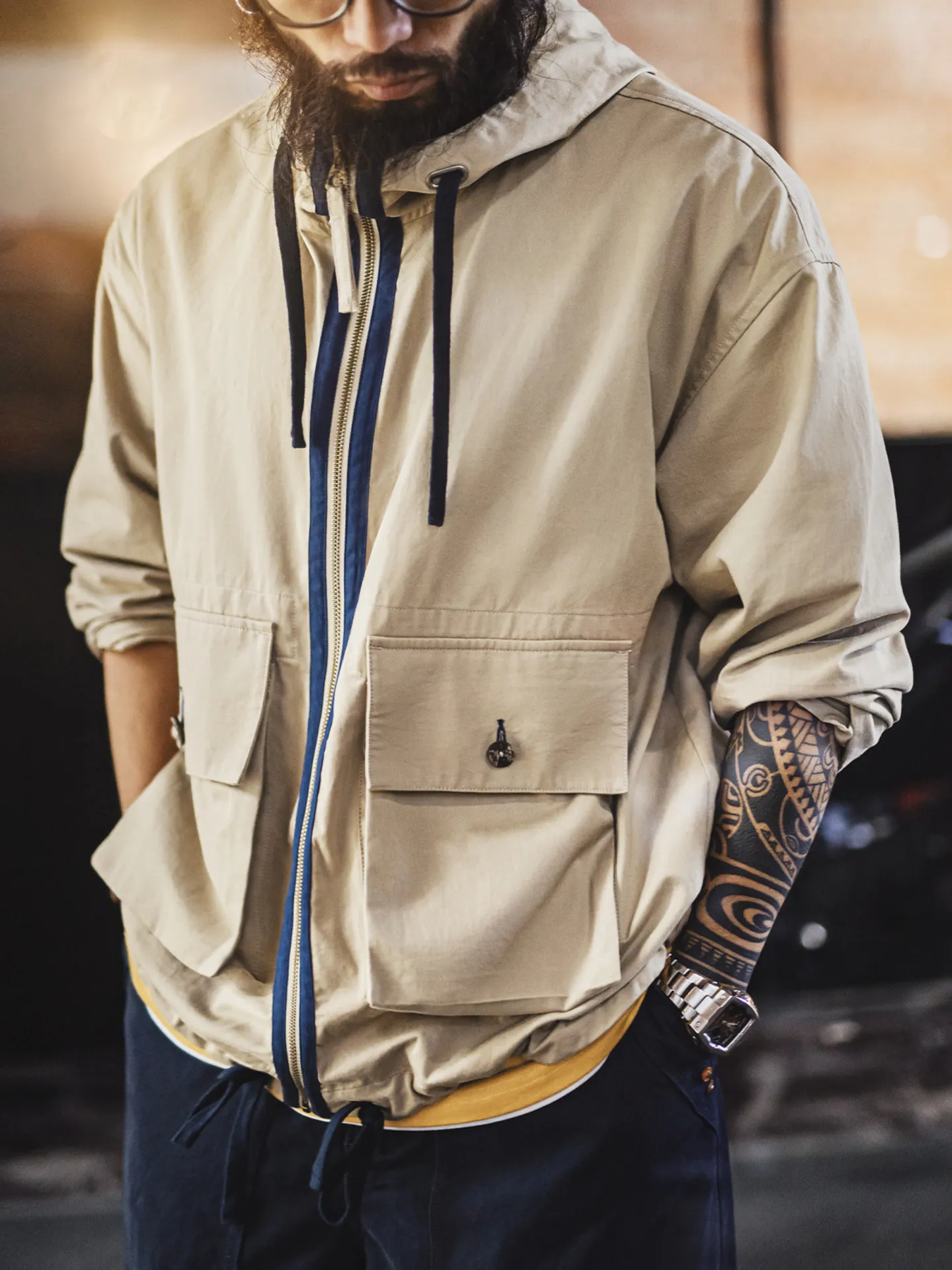 

Madden Workwear American Retro Multi-ket Jaet Pure Cotton Canvas Khaki Hooded Thin Outerwear Men Spring Casual Sle Zip...