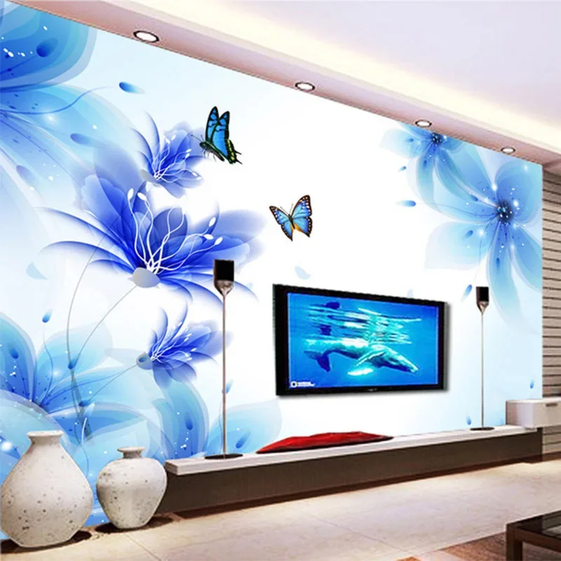 Custom Modern Abstract 3D Blue Butterfly Flowers Photo Murals Wallpaper  Living Room TV Sofa Background Wall Cloth Decor