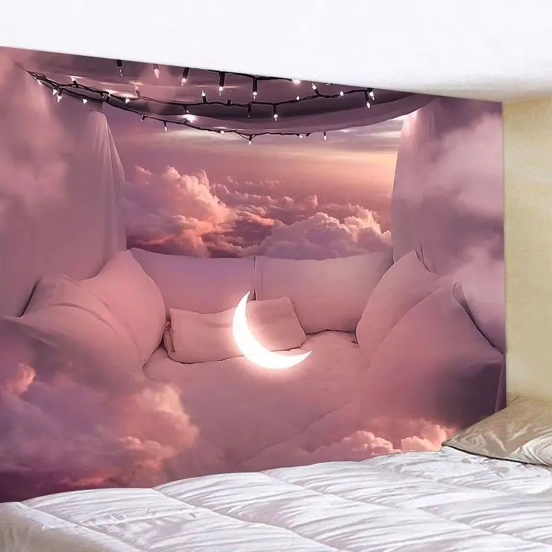 VIKAMA Dreamy Pink Clouds Moon Window Landscape Tapestry Starry Sky Clouds Healing Background Cloth Warm Tapestry Room Decor
