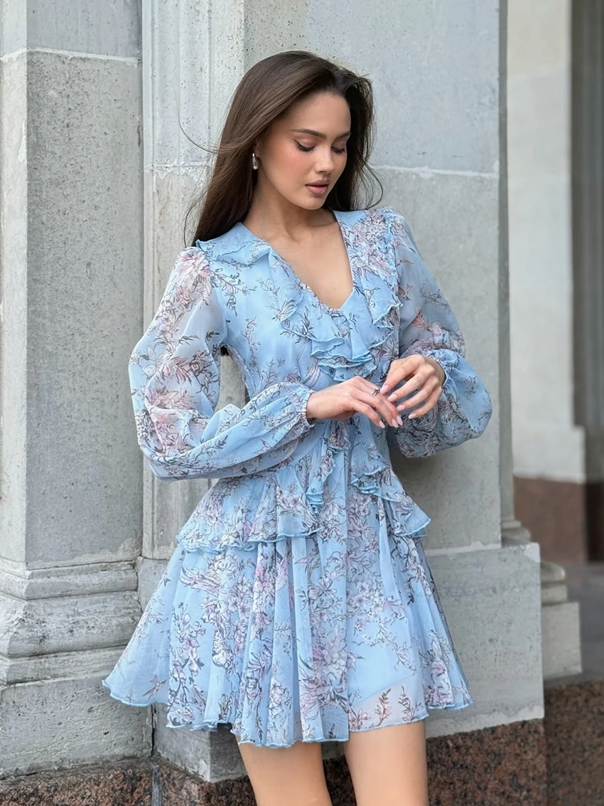 

Marthaqiqi Printing Ladies Nightgowns Long Sleeve Nightwear Turn-Down Collar Sleepwear Mini Dress Fashion Female Pajamas Winter