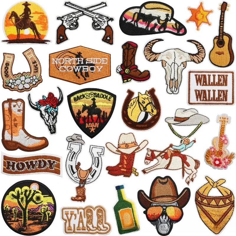 Etiqueta engomada del bordado del Pentium del caballo de los regiones occidentales, parche decorativo vaquero occidental, etiqueta bordada de doble pistola para guitarra