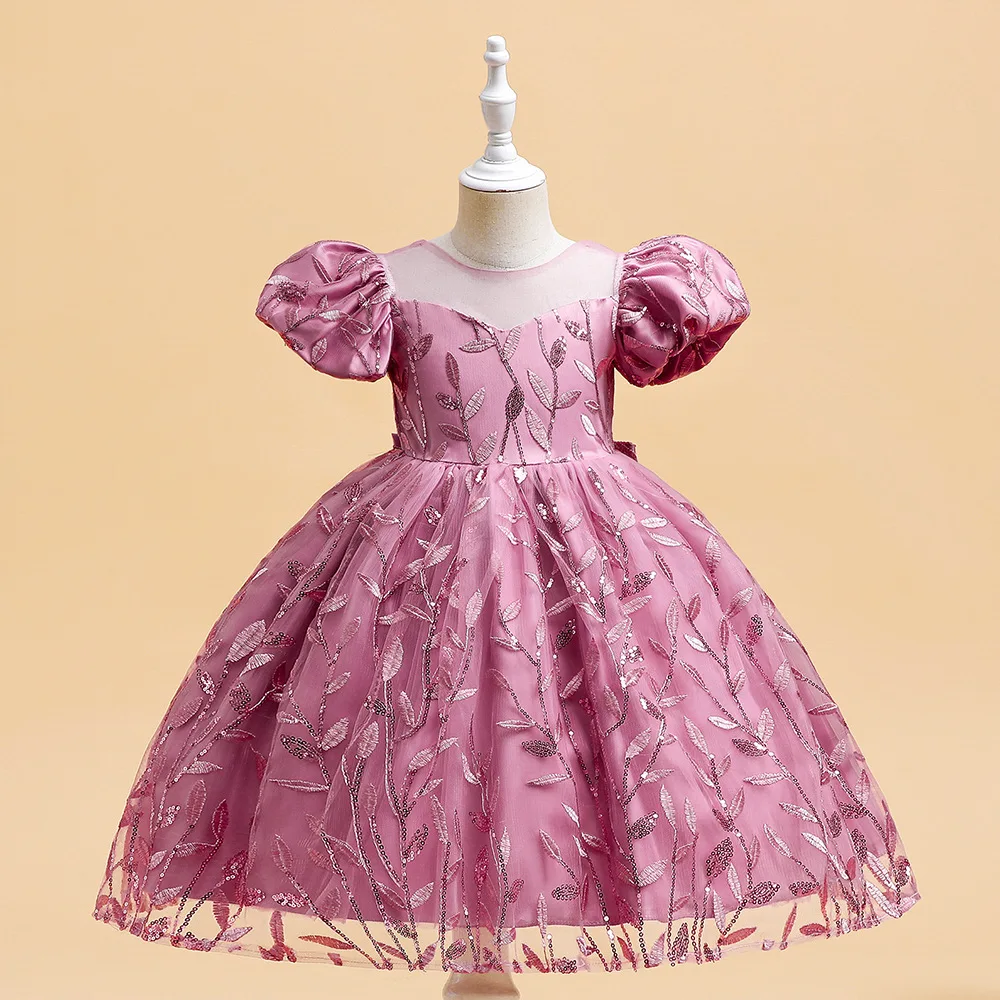 Girls Party Dresses Children Ball Gown Puff Sleeve Embroidery Baby Dress Birthday Wedding Performance 4 Colors 110cm-150cm