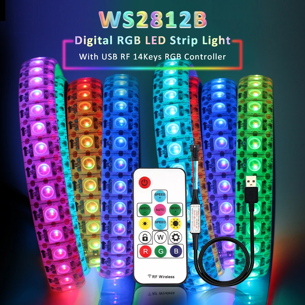 RGBIC WS2812B 5V LED Strip USB 14 Keys Remote Control Addressable Lights 1M 5M Colorful Diode Tape 30 60 144 Chips Ribbon Lamp