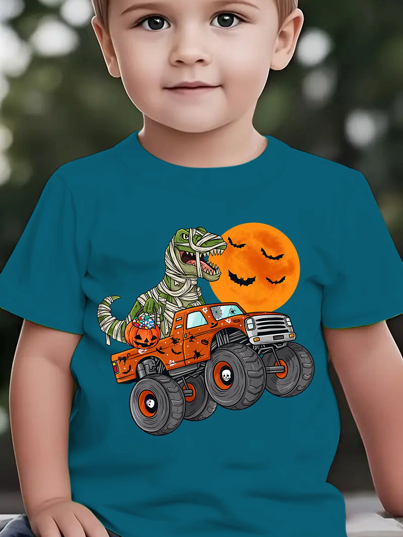 Summer Fashion Children's T-shirt Truck Dinosaur and Pumpkin Halloween Elements Printed Outdoor Casual Parent-child Top
