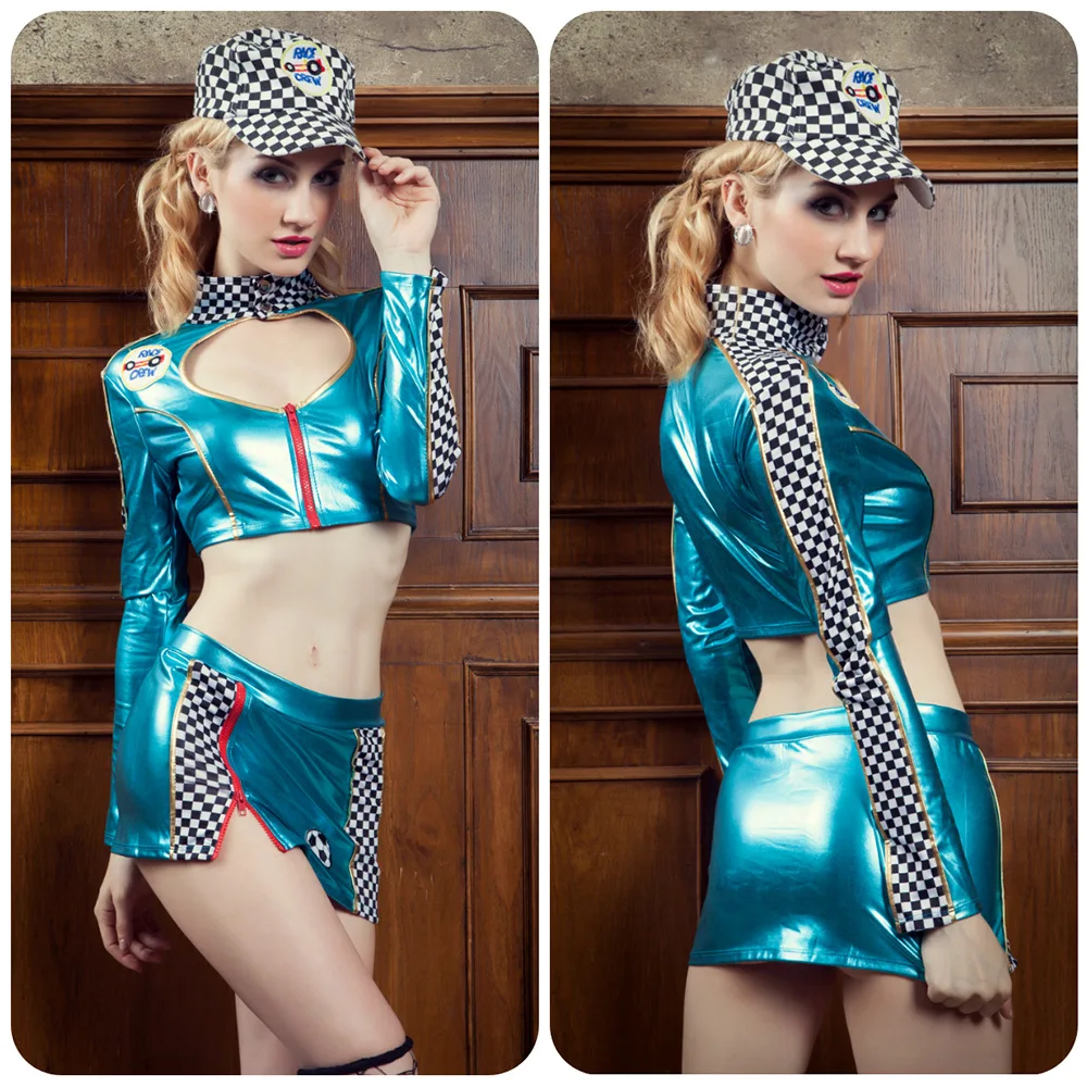 

1163 Female Fan Uniform Sexy Suit Halloween Cosplay Costumes Locomotive Racing Suit Patent Leather Women's Short Skirt