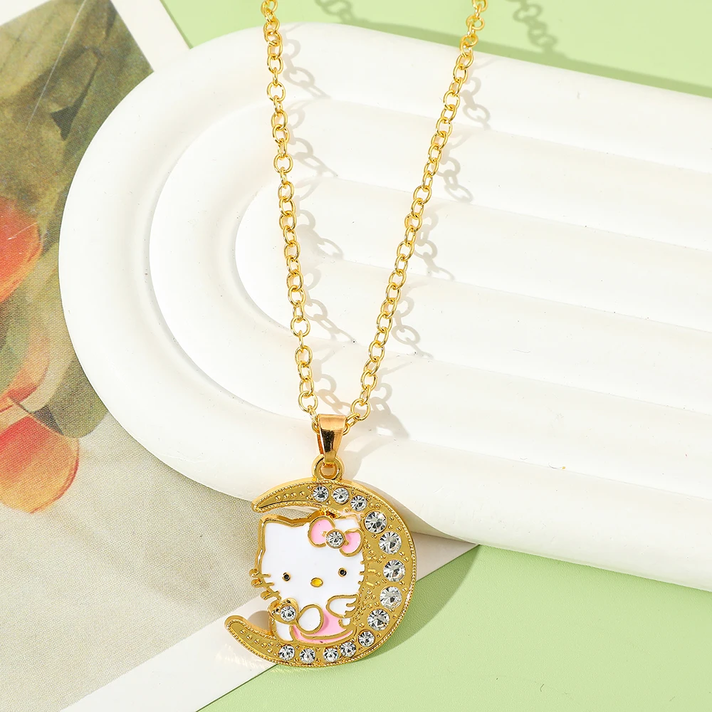 Creative Cartoon Hello Kitty Moon Design Necklace Fashionable Birthday Party Gift Cute Pendant Jewelry for Women And Girls
