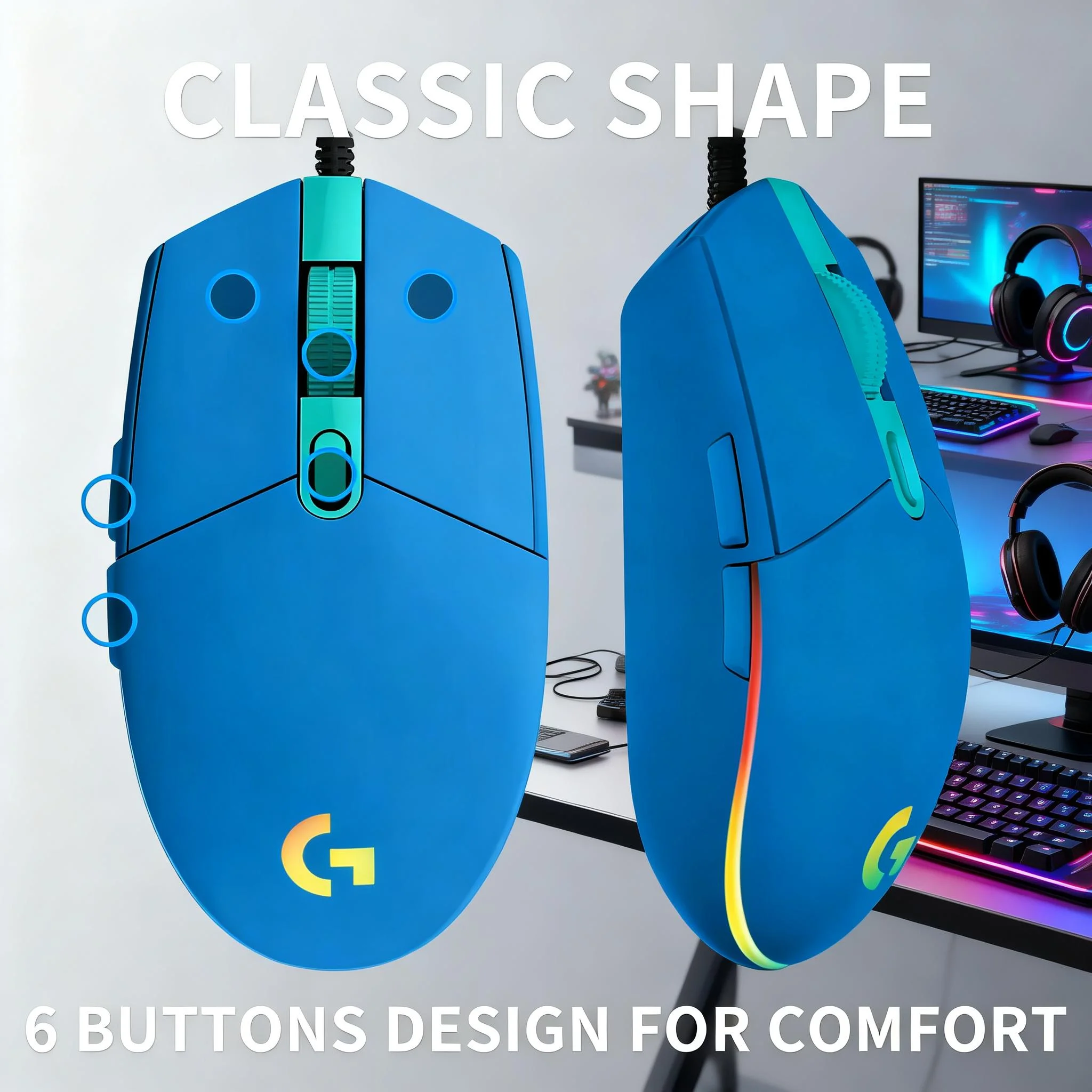 Logitech G203 LIGHTSYNC Gaming Mouse 8000 DPI Adjustable RGB Backlight 6 Buttons Mechanical Tensioning Mac PC Fast