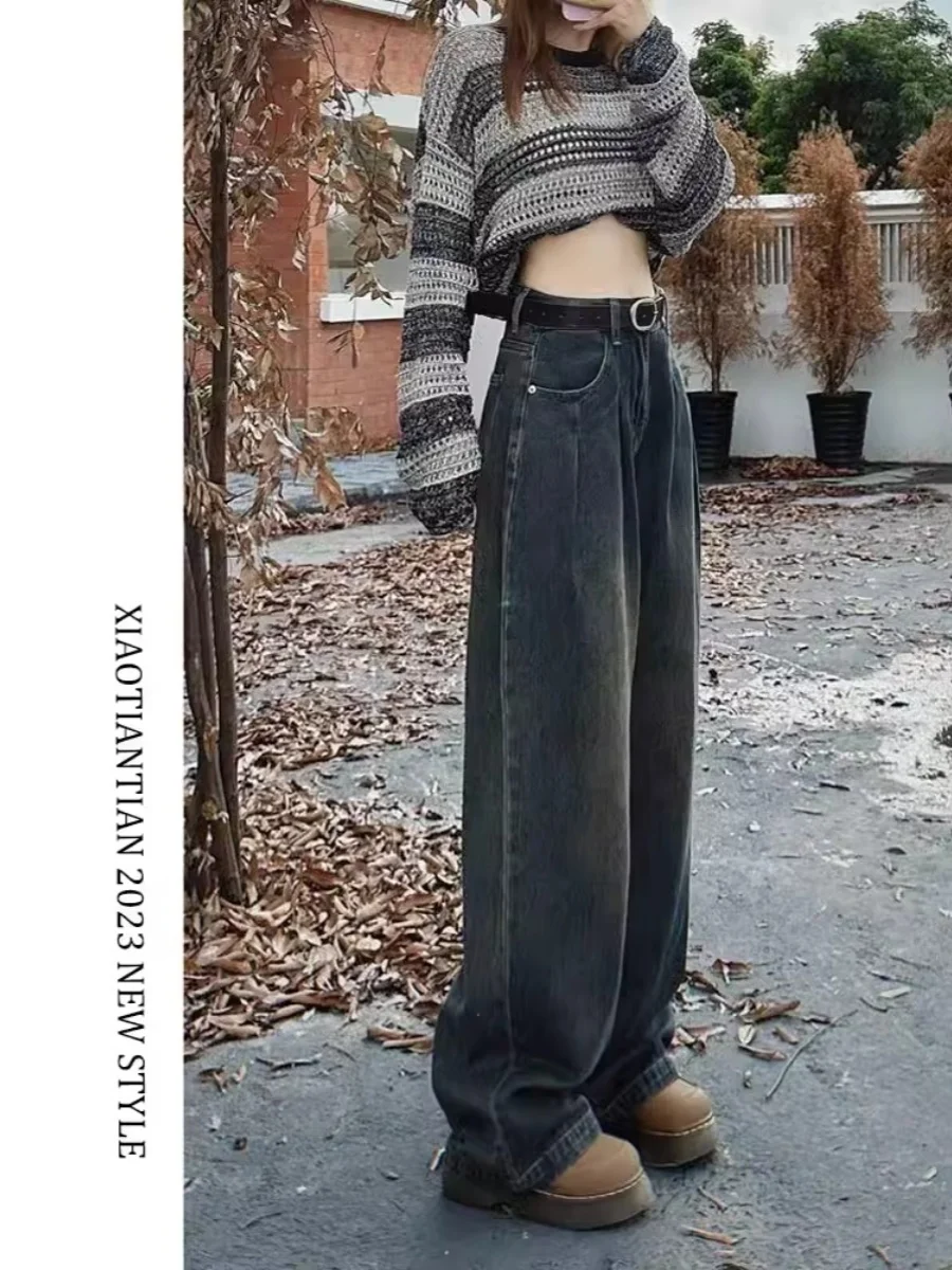 

Fall Winter 2025 New plus Size Retro Wide Leg Denim Jeans Women Slim High Waist Straight Long Pants Draping Sensation Floor-L...