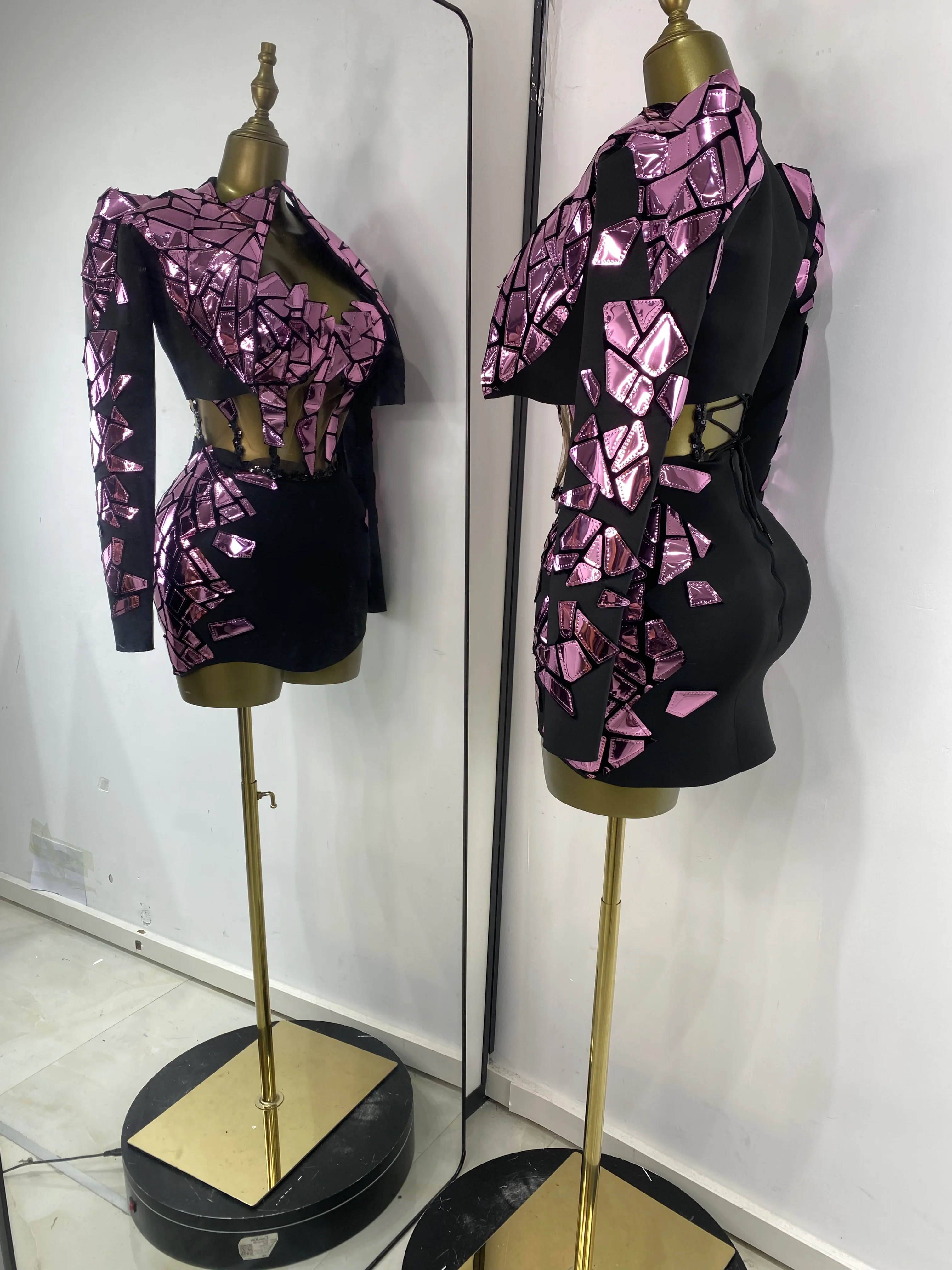 

Women Y2K Party Future Outfits Mirror Tube Corset Top Mini Shorts And Long Sleeve Jacket 3Pieces Evening Nightbar Club Costumes