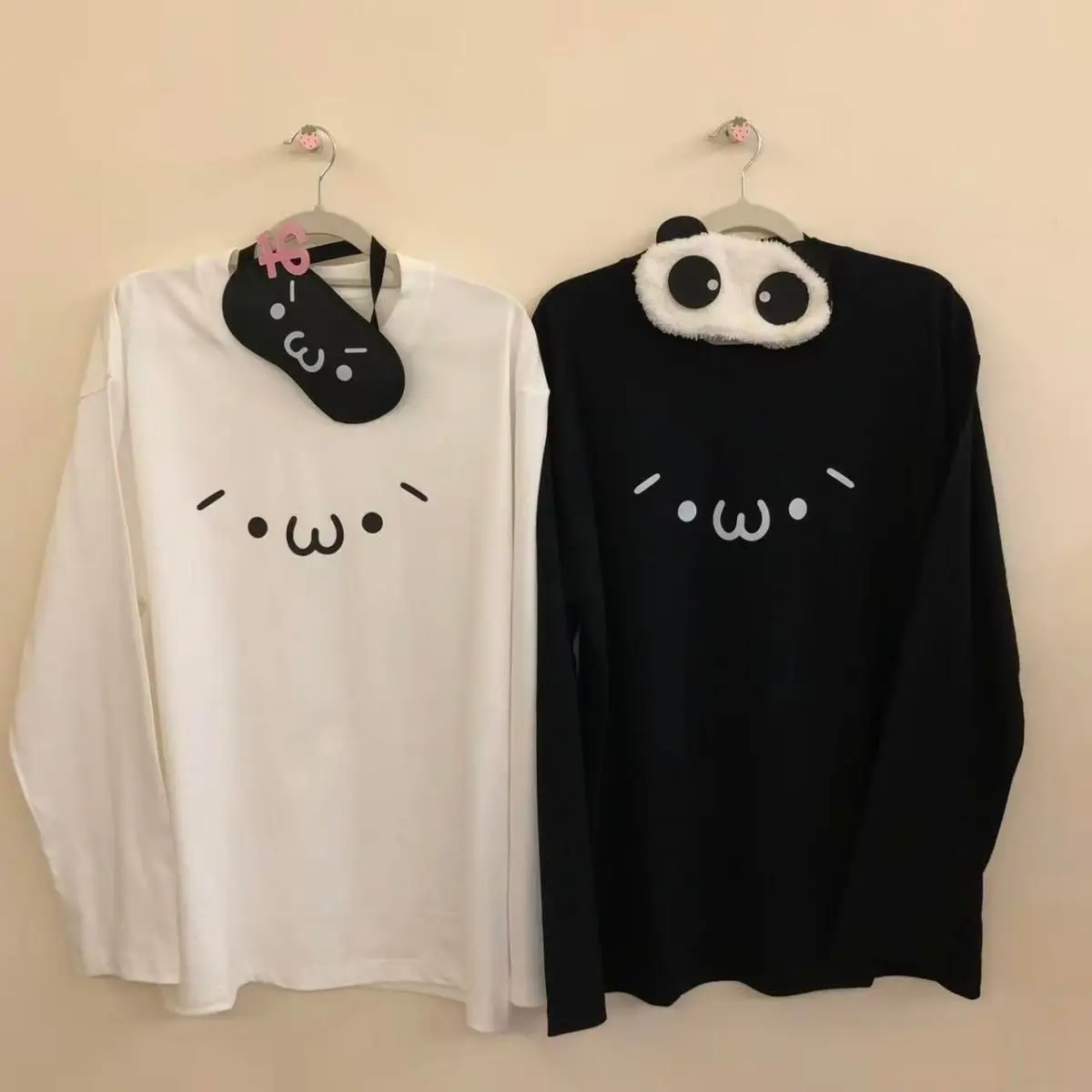 Aesthetic Subculture Kaomoji Print Long Sleeve T-shirt, Cute Matching Best Friend Tops, Otaku Visual Style Unisex Base Layer Tee
