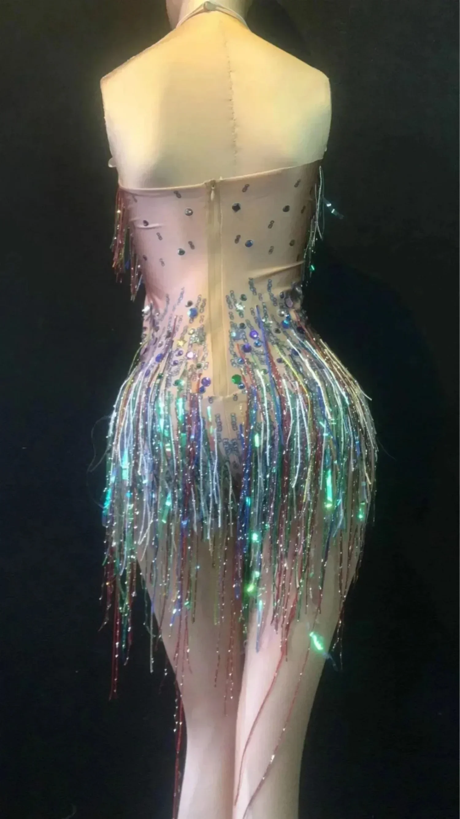 Sexy Multicolor Rhinestone Tassel Party Bodysuit Women Stretch Nude Singer Fringes Leotard Nightclub DJ DS Dancer Stage Costumes