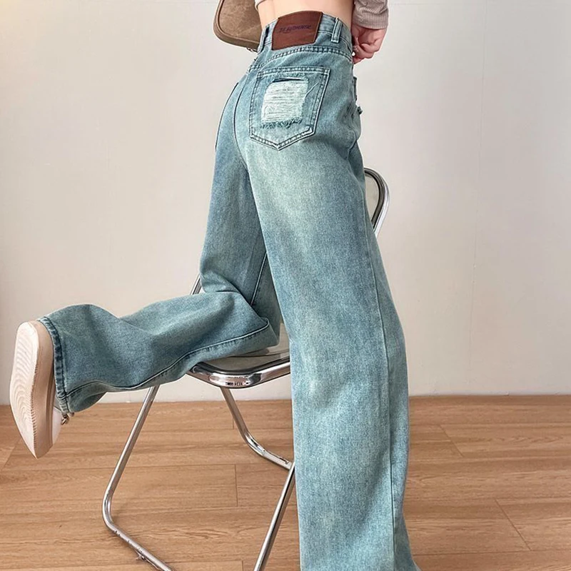 Jeans de cintura alta com furos para mulheres, calças retas soltas, perna larga, novo, primavera, 2022