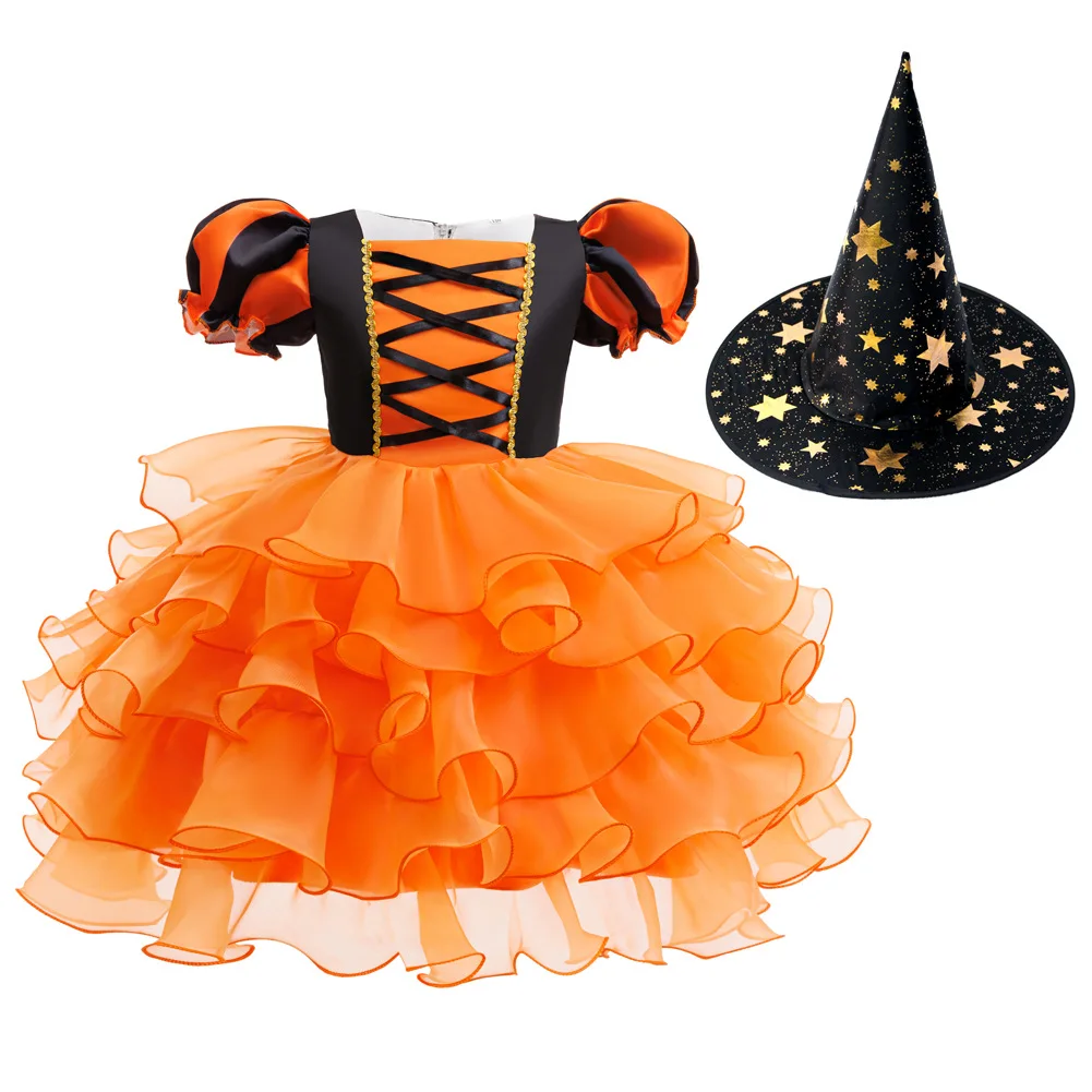 Halloween-Kostüm für Mädchen: Kleid mit Puffärmeln, Rüschen und mehreren Stoffschichten aus Tüll + Hexenhut + Süßigkeitenbeutel in Form einer Kürbis, Party-Outfit für Kinder, 3-teiliges Set. – Detail 11