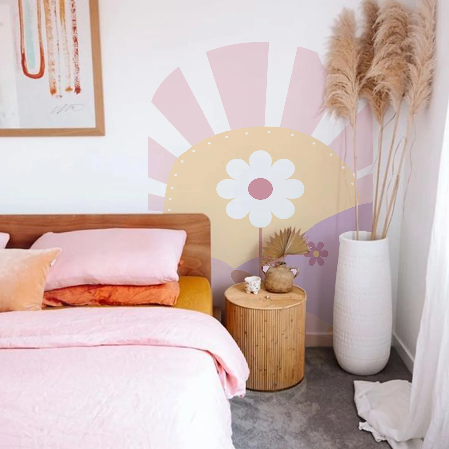 Art Pink Arch Daisy Self-Adhesive Wall Decals for Nursery Girl Room Kids Rooms Colorful Decorative Wall Stickers Living Room