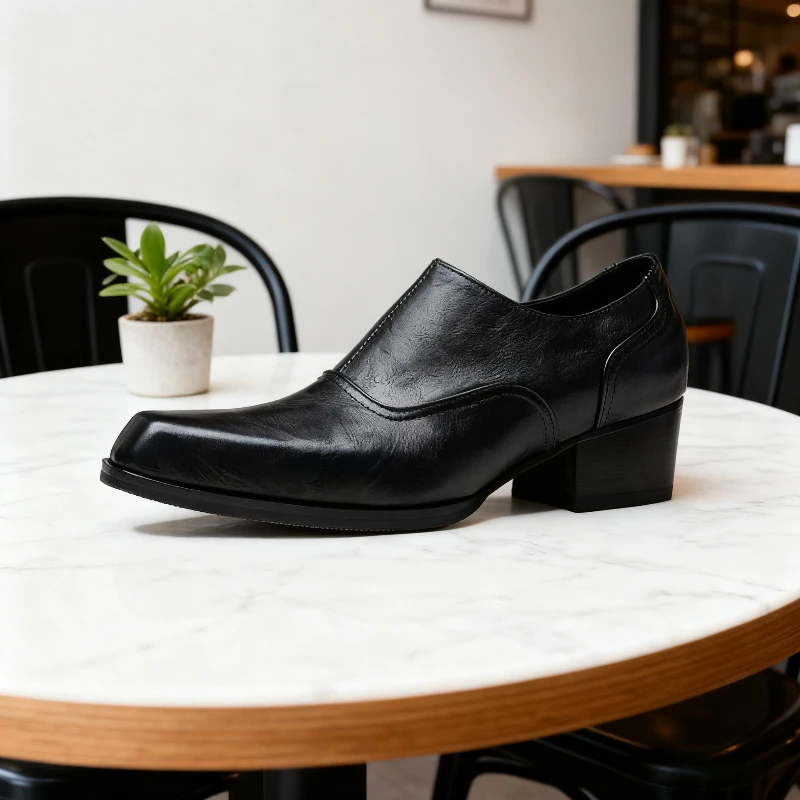 5cm High Heel Square-head Leather Shoes for Men's Cowhide Leather Formal High-end Derby Shoes Gentleman Wedding Party Shoes