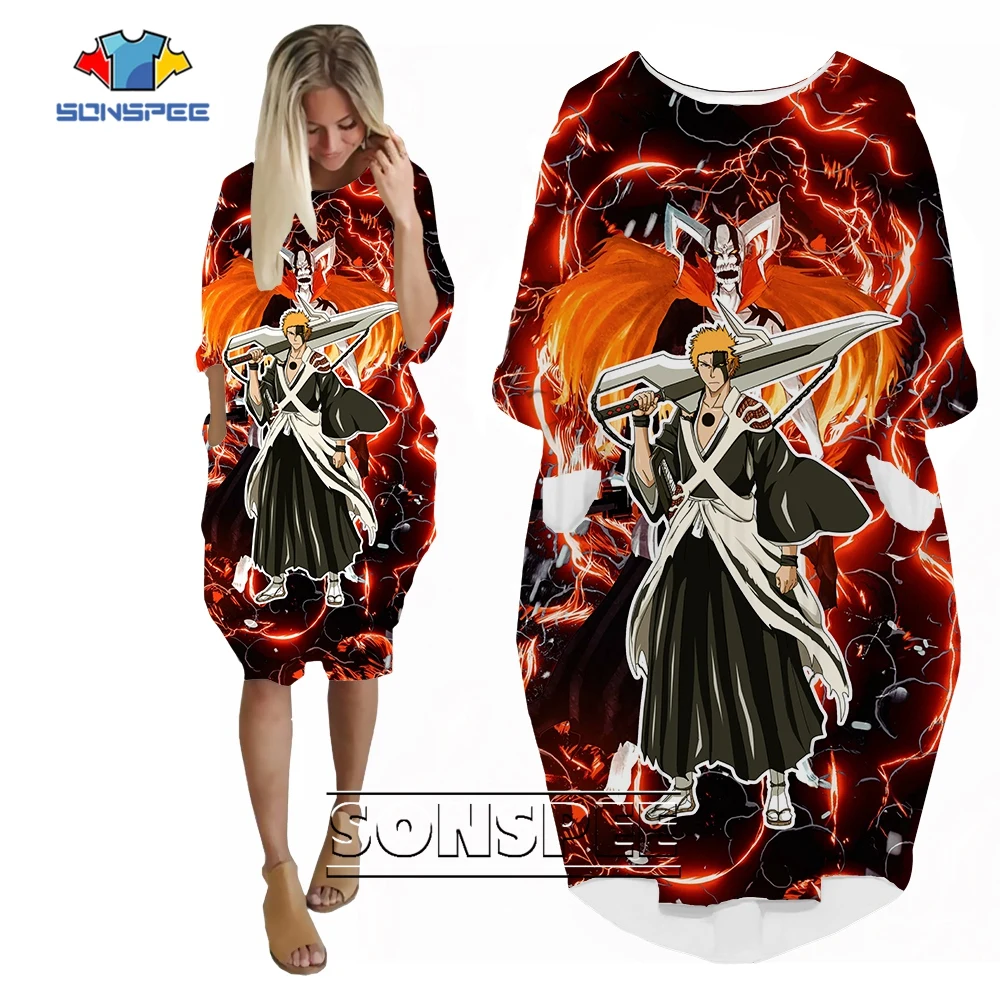 

SONSPEE BLEACH Kurosaki Ichigo Harajuku Fashion 3D Print Pockets Skirt Japanese Anime Manga Personality Lady Loose Hip Hop Robe