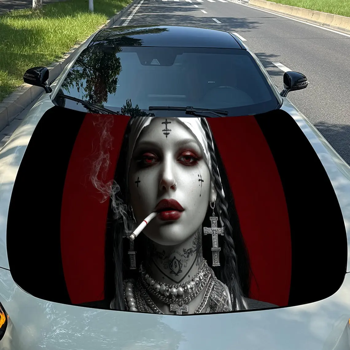 Cool Smoking Figure Religious Nuns PVC Car Hood Wraps, Self-Adhesive Waterproof Car Bonnet Decal Sticker, Car Decoration Protect