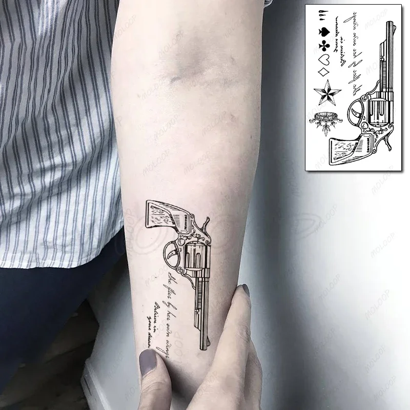 Gun Swallow Wasserdichter temporärer Tattoo-Aufkleber, schwarzer Stern, englische Buchstaben, Fake-Tattoo, Flash-Tattoo, Hand, Brust, Körperkunst