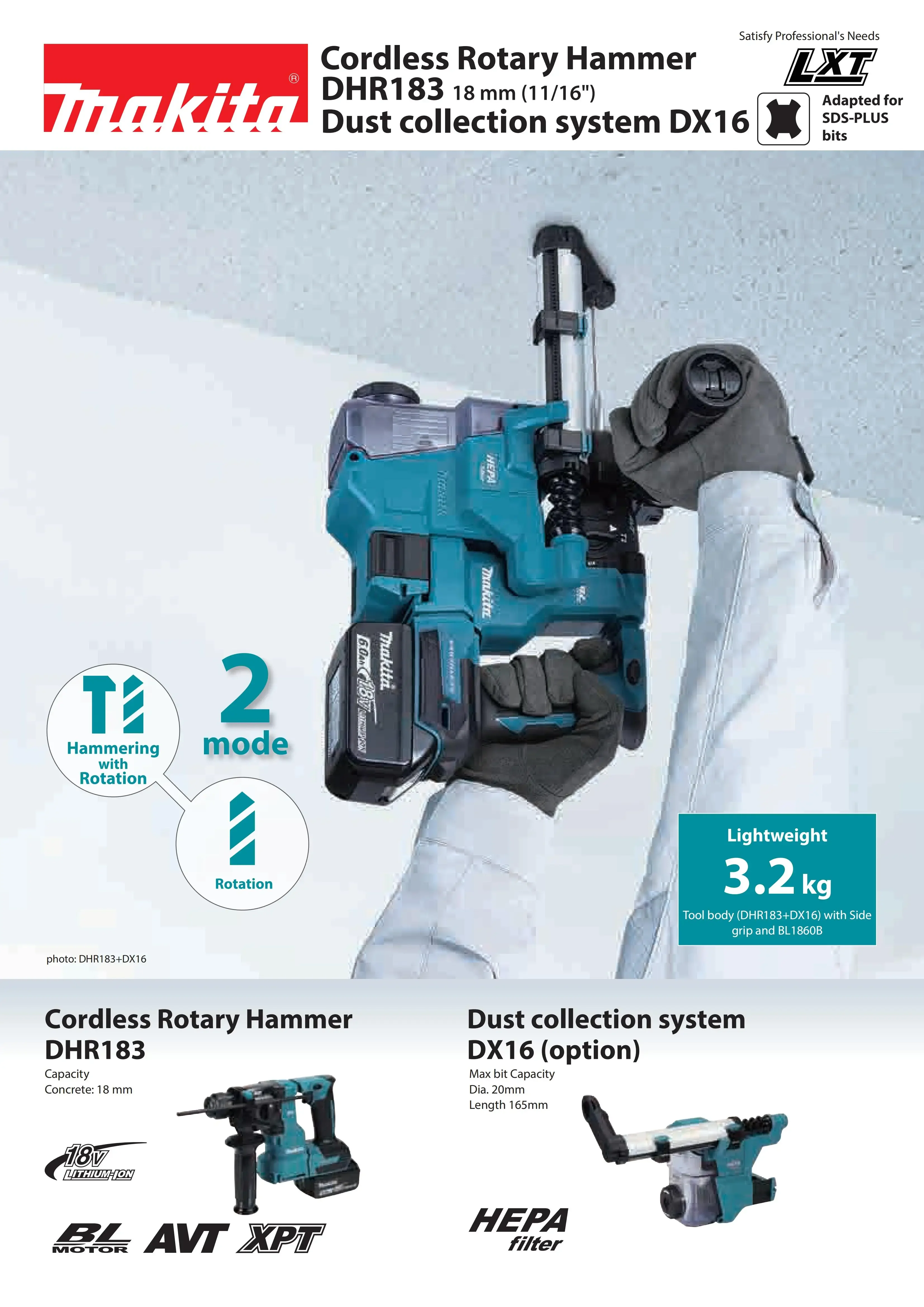 Makita DHR183Z Brushless Cordless 18mm Rotary Hammer SDS-Plus 18V Lithium Power Tools DX16