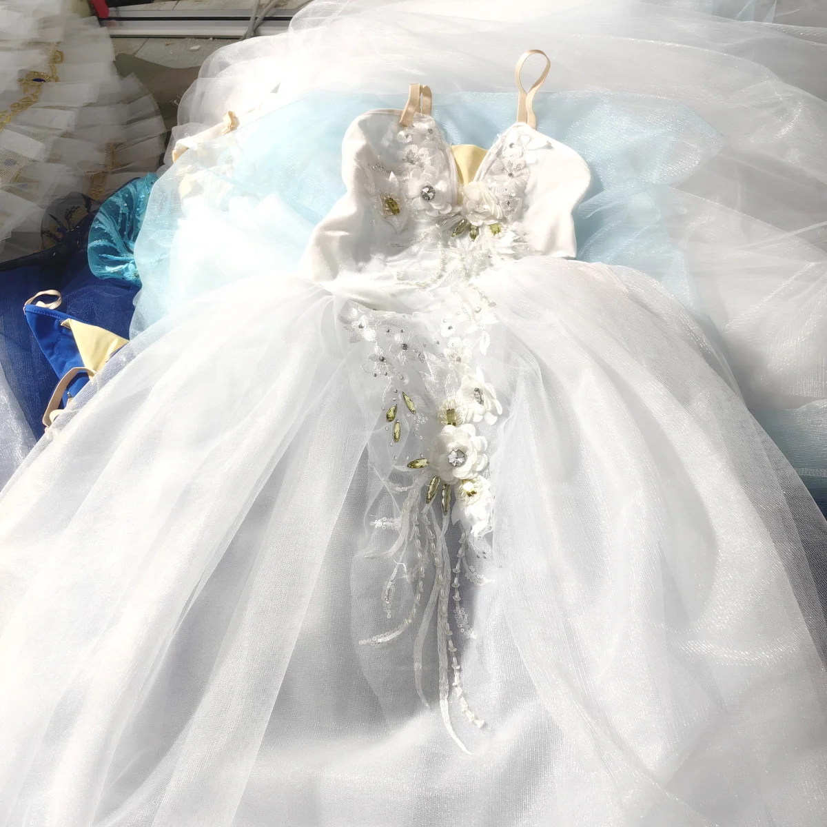 Blue Ballet Tutu Skirts 3d Flower Dress Performance Costumes Princess Dance Practice Long Romantic Dress