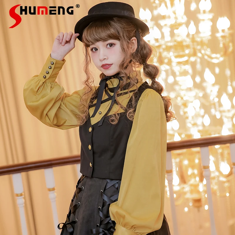 Original Sweet Yellow Glossy Long Sleeve Shirt Female 2023 Fall New Lolita Single Breasted Stand Collar Blouse for Women Fashion