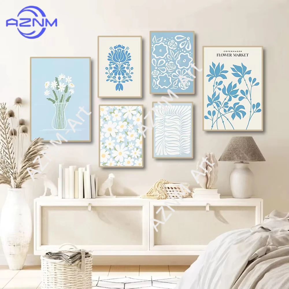 1PC ，Blue Flower Market Minimalism Wall Art Canvas Painting Nordic Posters And Prints Abstract Wall Pictures For Living Room