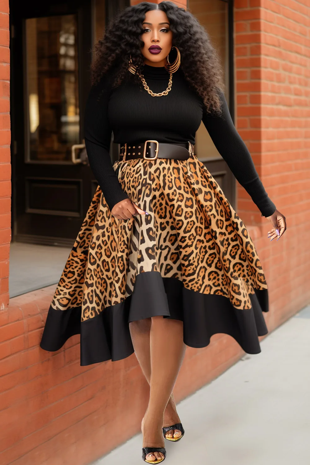 Plus Size Formal Black Leopard Round Neck Long Sleeve Irregular Hem Fall Winter Knitted Party Midi Dresses