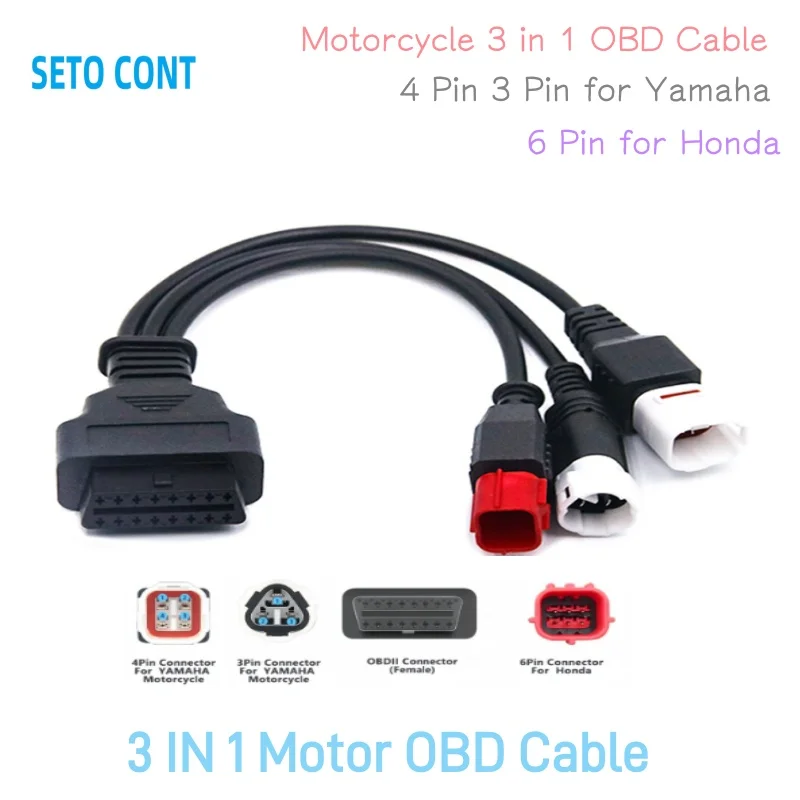 OBD Cable Adapter 3 IN 1 Motorcycle for Yamaha 3 Pin+4 Pin and 6 Pin for Honda to 16 Pin OBD2 Female Motor Extension Cable