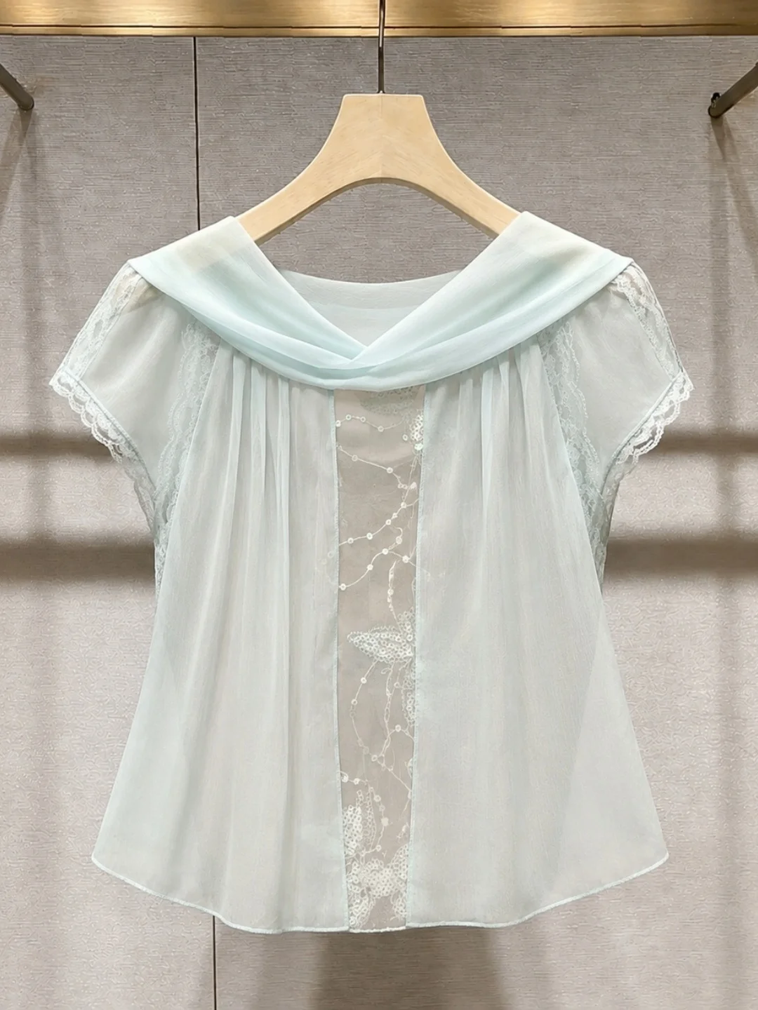 Sweet Design Sense Mesh Splicing Short Sleeve Shirt Lightweight Summer Fashionable Women's Top Korean Style Straight Cut Silk