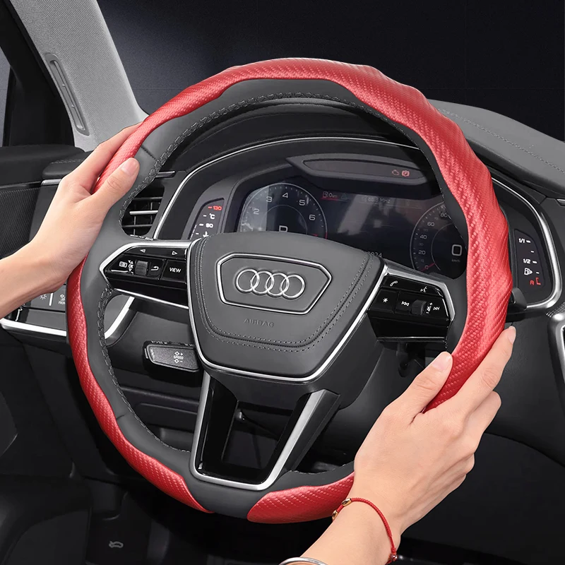 Suitable for Audi Matte Carbon Fiber Texture Steering Wheel Cover with Snap-On Wave-Shaped Sport Design Protective Shell Q3 Q5 Q7 Q8 A3 A4 A5 A6 A7 A8 S3 S4 S5 S6 S7 S8 Rs3 Rs4 Rs5 Rs6 Rs7 Rs Q3 Rs Q5 E-Tron Red