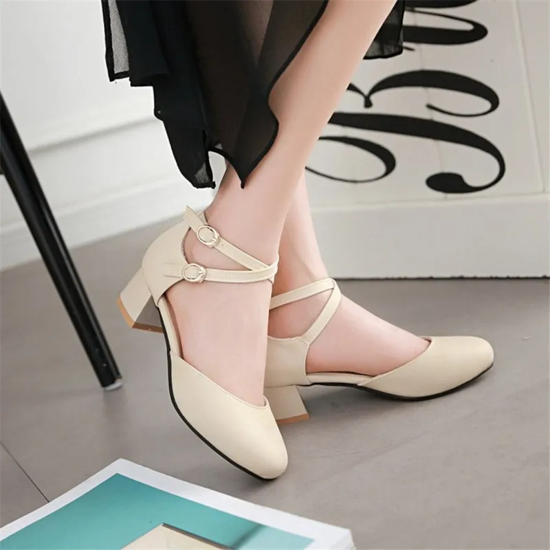 Plus Size 32-43 Girls High Heel Shoes Round Toe Woman Heel Pumps Women\'s Thick Heel Pumps Party Wedding Footwear