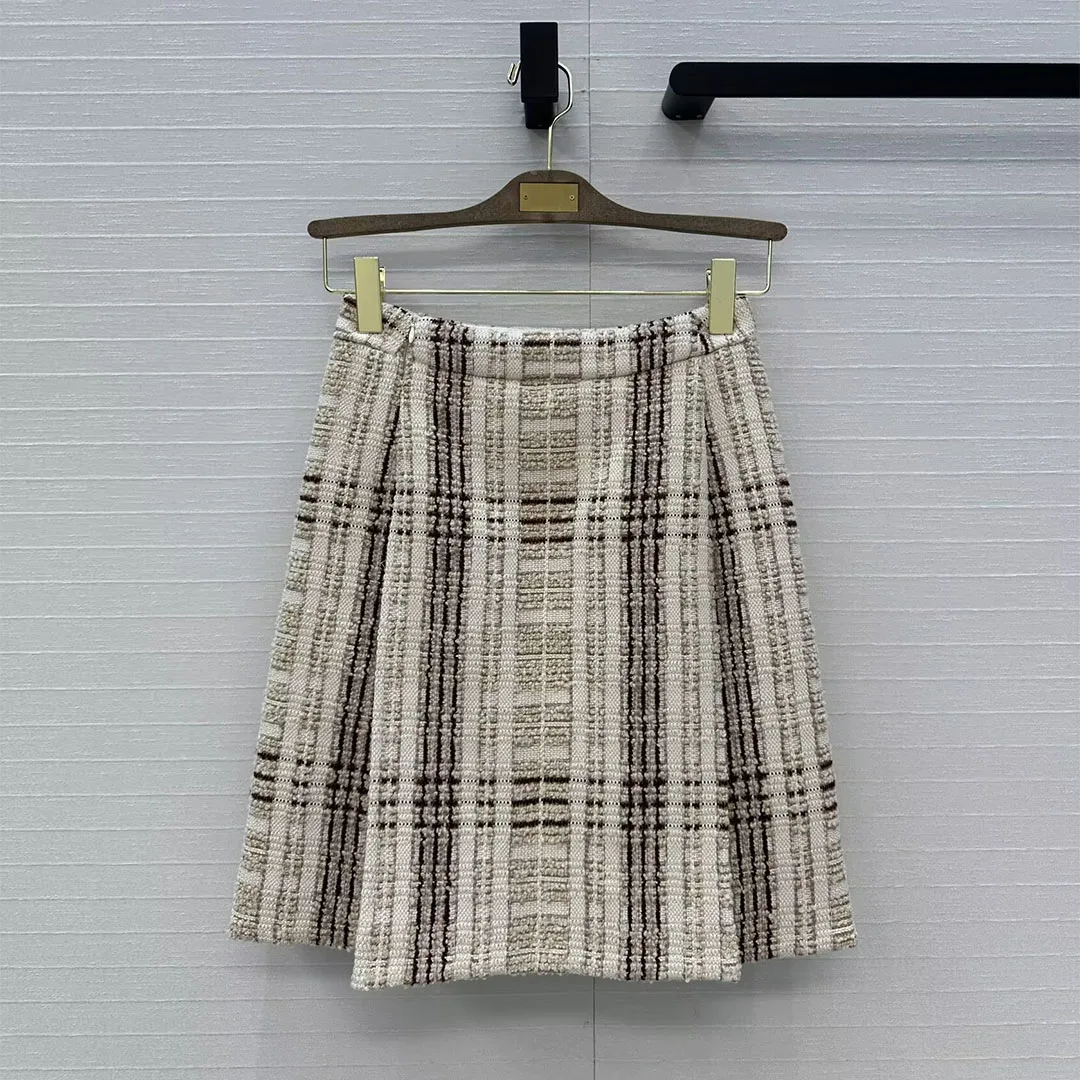 Nuovo autunno inverno vintage plaid lana tessuto di seta tweed gonne longuette donna a vita alta a pieghe moda chic gonna