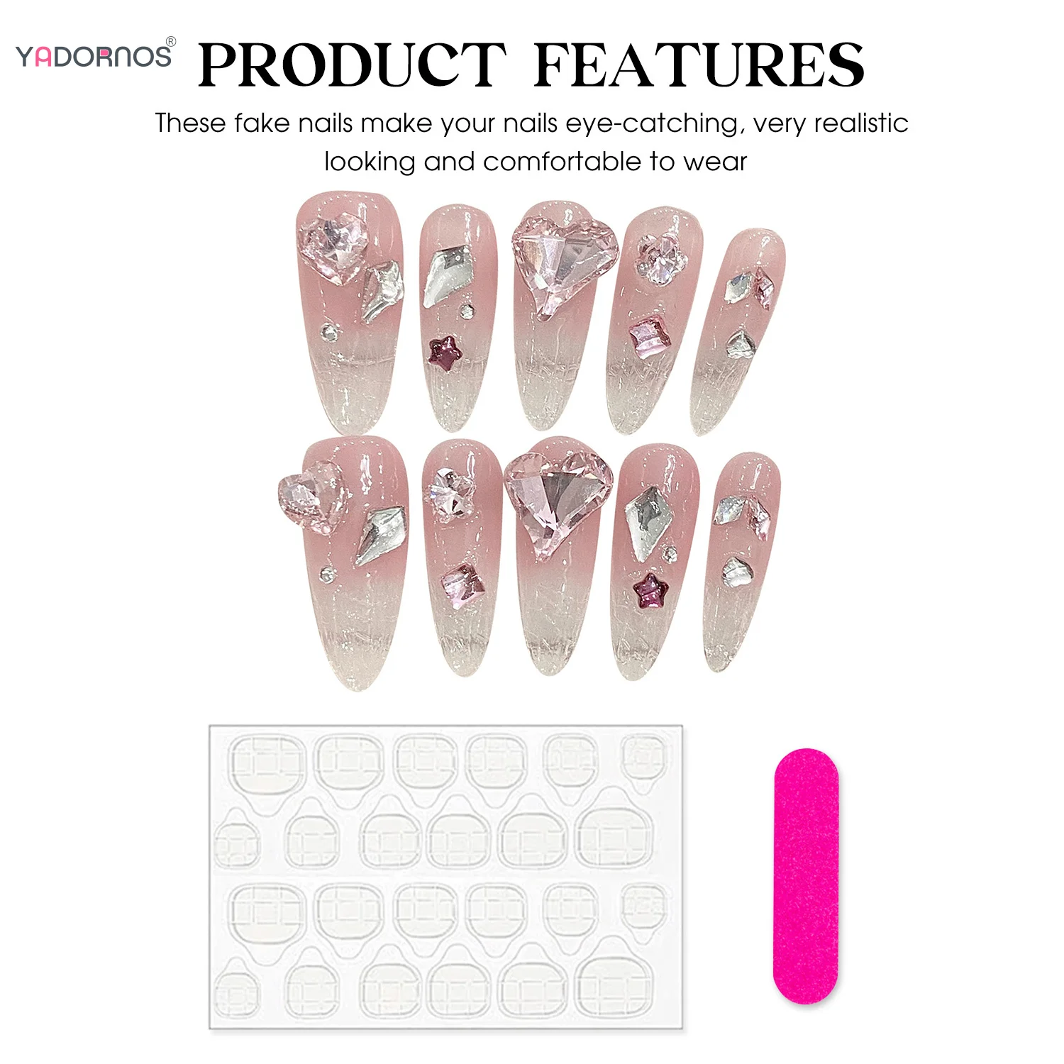 Uñas postizas hechas a mano para mujer, uñas postizas de almendra larga, diseños de diamantes brillantes, puntas de manicura usables, 10cs