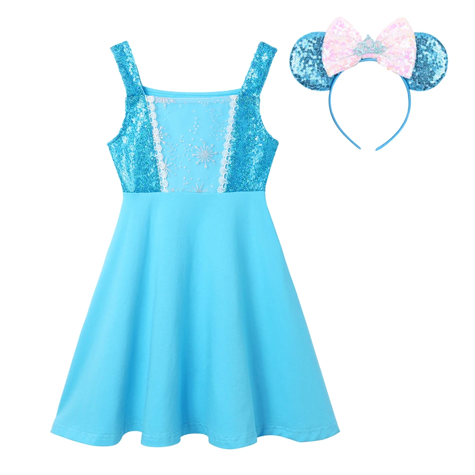 Disney Girls Princess Mermaid Jasmine Elsa Anna Summer Dress for Kids Cotton Casual Dress Isabella Mirabel Rapunzel Clothing