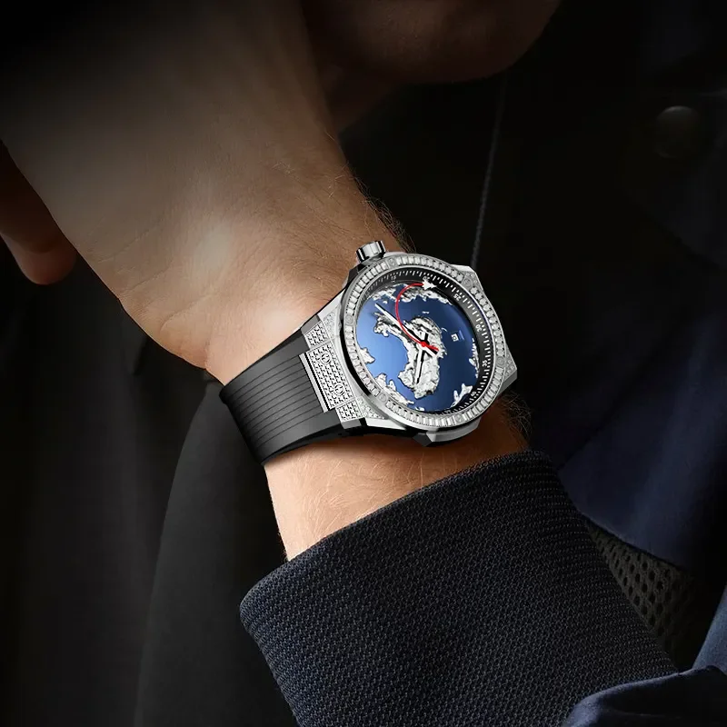 Bexei Automatik-Herrenuhr 9180, Zifferblatt mit Erde und Meer, mechanisches Skelettwerk, leuchtende Uhren für Herren, wasserdicht, mit Kalender