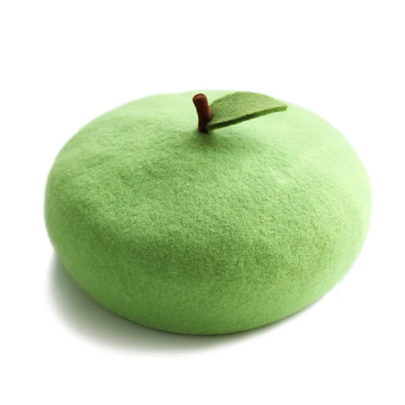 Qisin Green apple beret autumn and winter 2023new Korean fruit pumpkin hat cute soft sister little leaf painter hat woolen beret