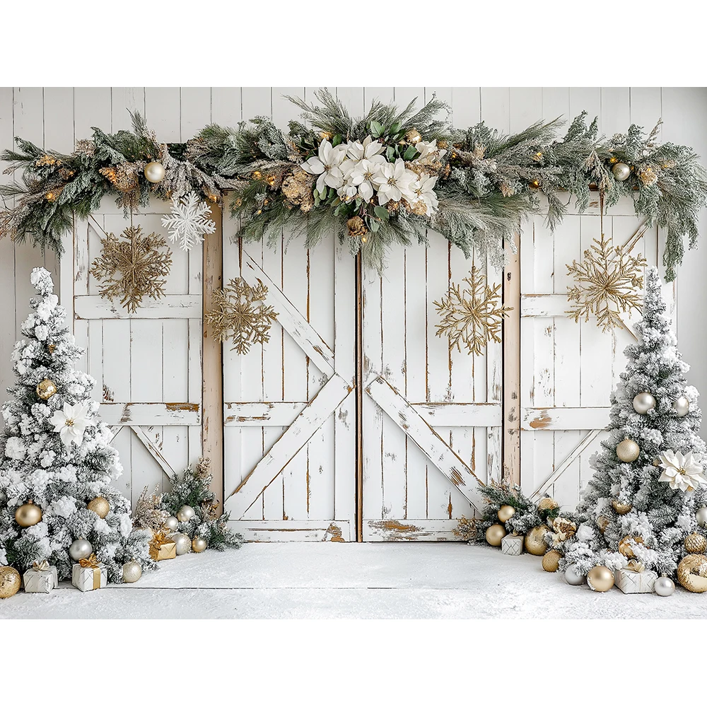 Natale Inverno Porta in legno Sfondo Bambini Fotografia per adulti Puntelli per bambini Ghirlanda di Natale Decorazione della fattoria di neve Sfondo