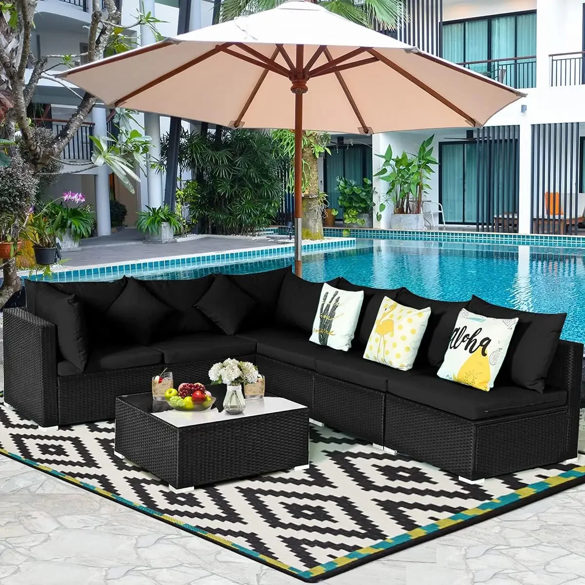 

Outdoor Sectional Sofaw/Pillows and Cushions, Wicker Sofa Conversation Set with Coffee Patio Sofa and Tea Table for Garden, Lawn