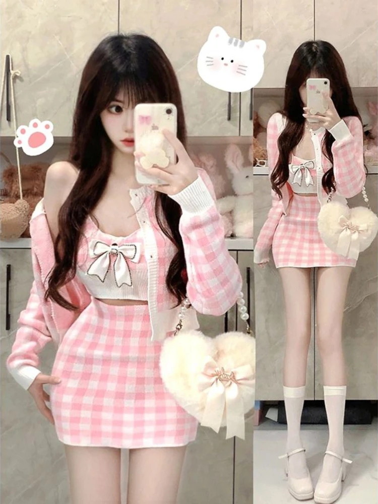 Kawaii clothing 3 Piece skirt Set Women Pink Plaid Cardigan + Casual Vest + Y2k sweet Mini Skirt elegant Korean fashion suits