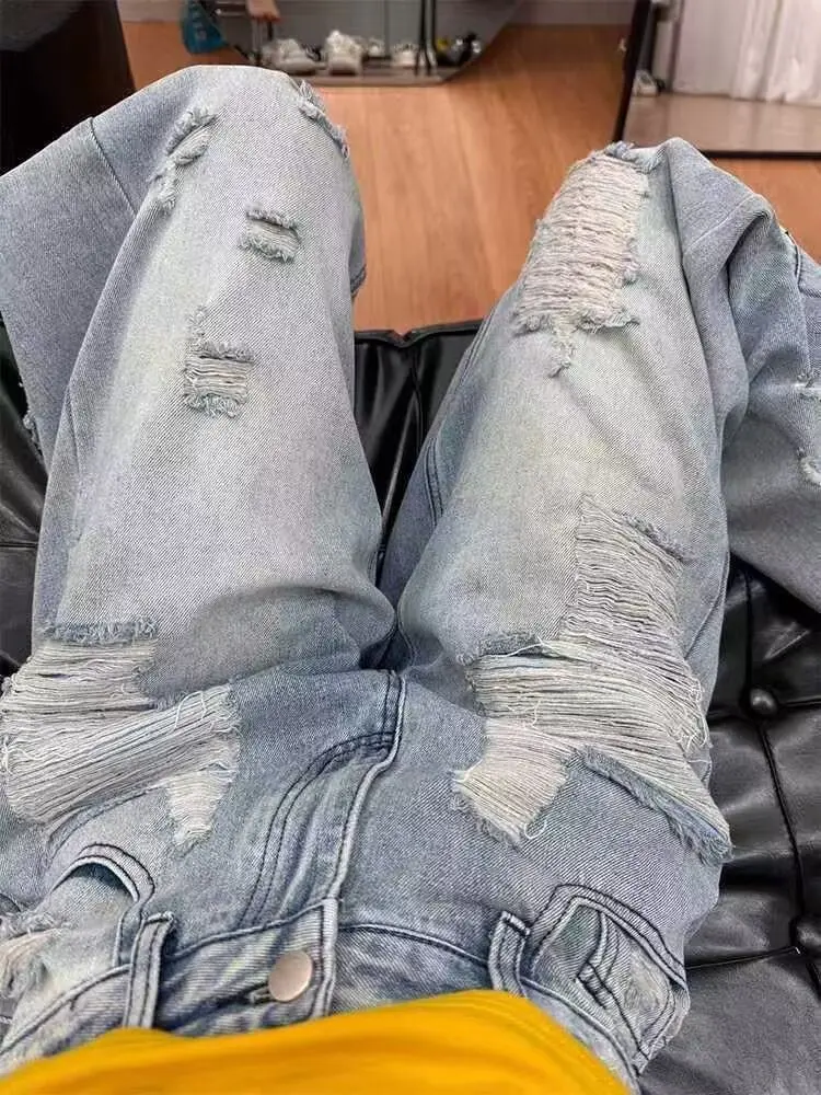 Y2K renda rasgada perna larga jeans meninas primavera verão solto ajuste até o chão calças da moda