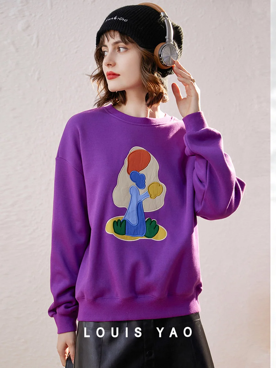 LOUIS YAO 2025 Women's Thick Velvet Hoodie Winter Style Fashionable Round Neck Cartoon Pattern Long Sleeve Hoodie