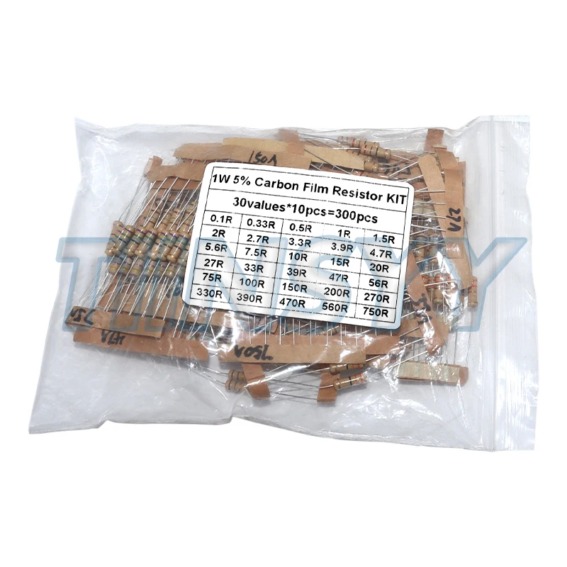 300PCS Resistor Kit 1W 5% Carbon Film Resistance 30values X 10pcs 0.1-750 Ohm 1K-820K Ohm Resistors Set for Electronics DIY
