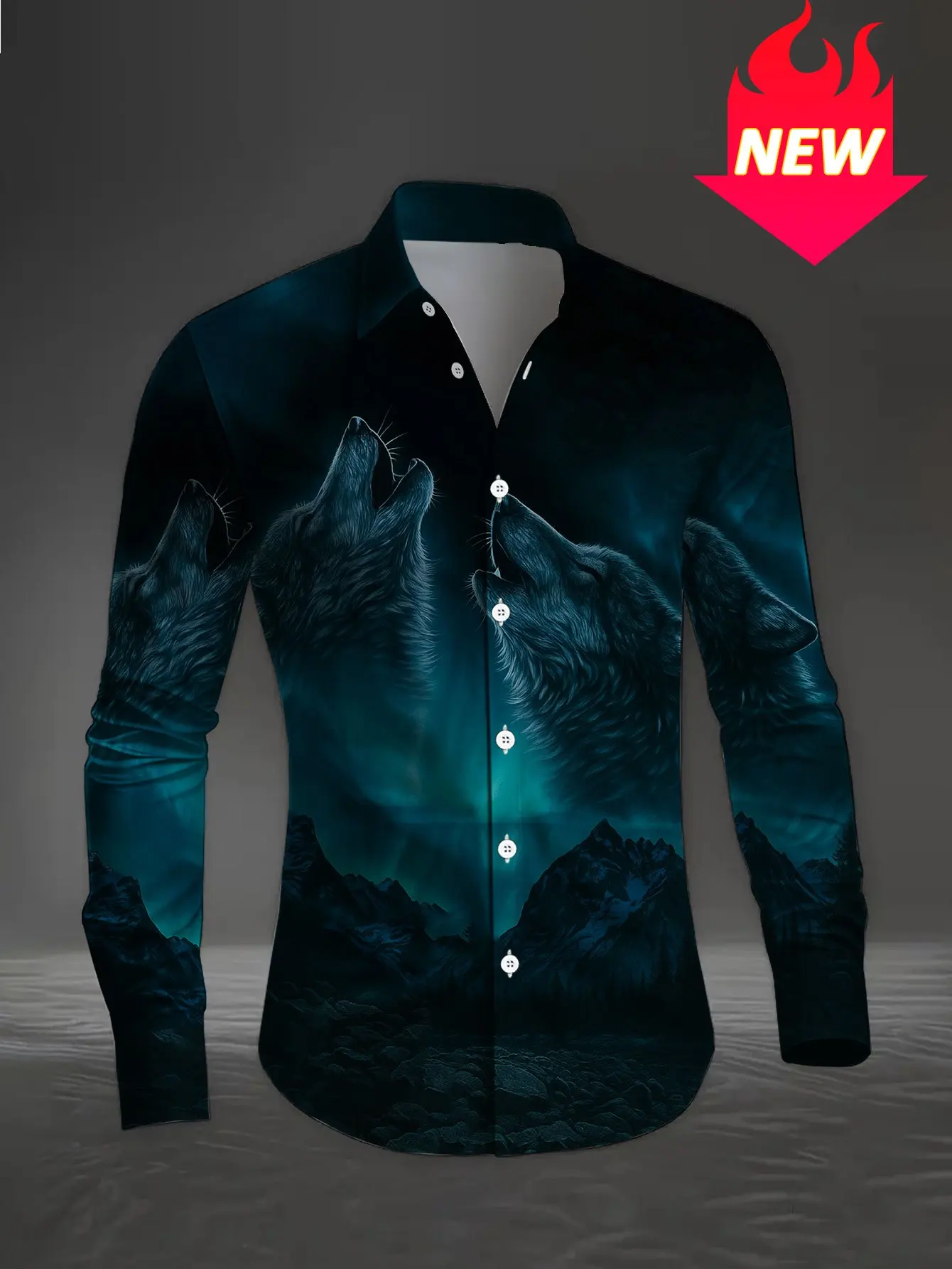 Men Long Sleeve Button Down Shirt Teal Howling Wolf Pack Night Forest Print Polyester Lapel Collar Gothic Party