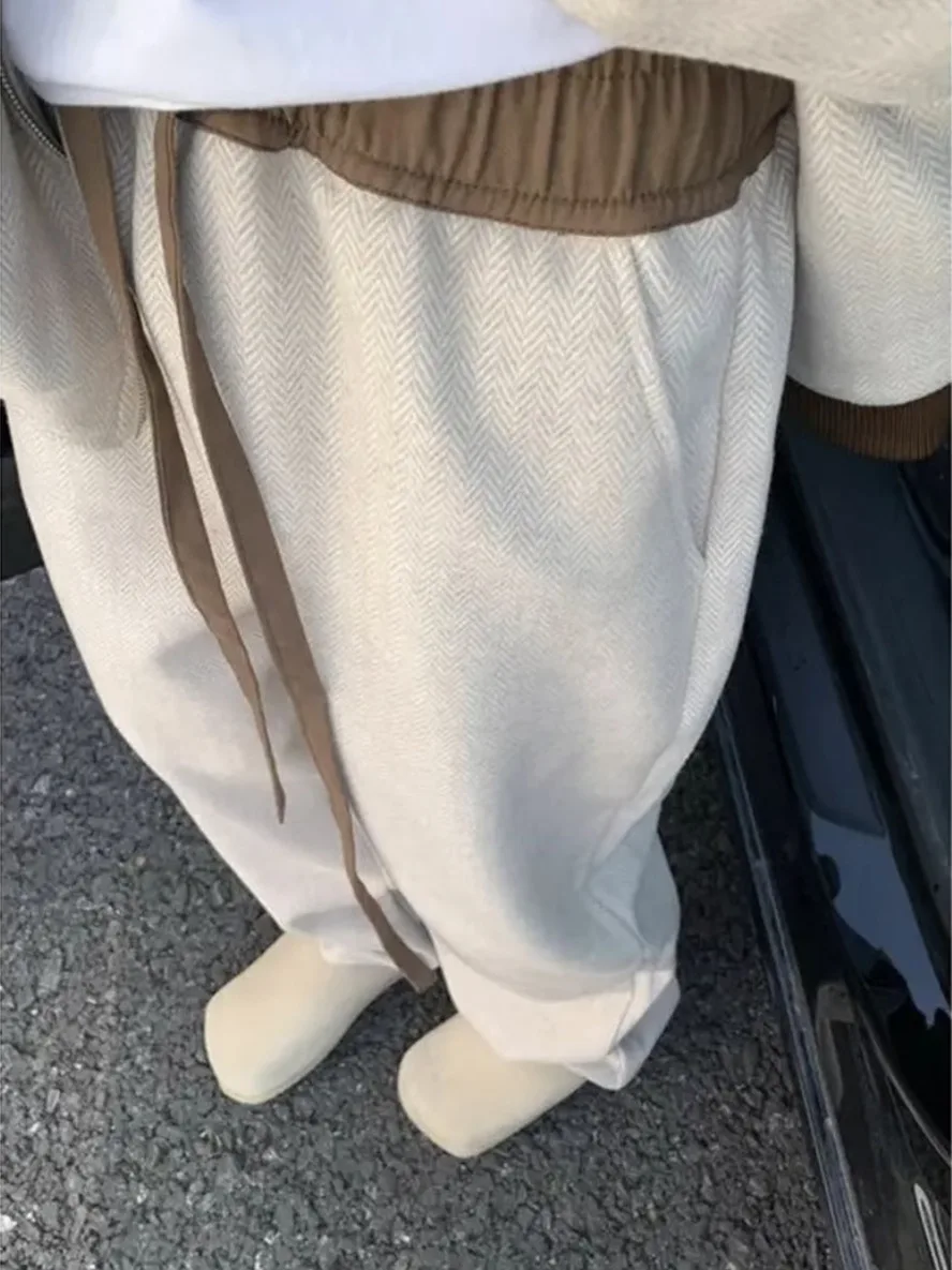 

Casual Men's Wide Leg Pants Woolen Trousers Elastic Waist Color Blo Straight Leg Long Trousers Autumn Winter New Arrival